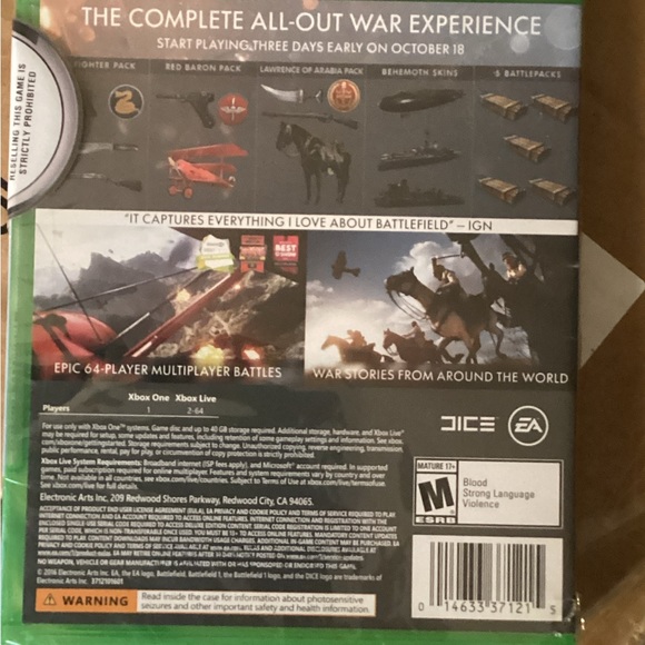 Xbox One Battlefield 1 New Factory Sealed - Picture 4 of 4